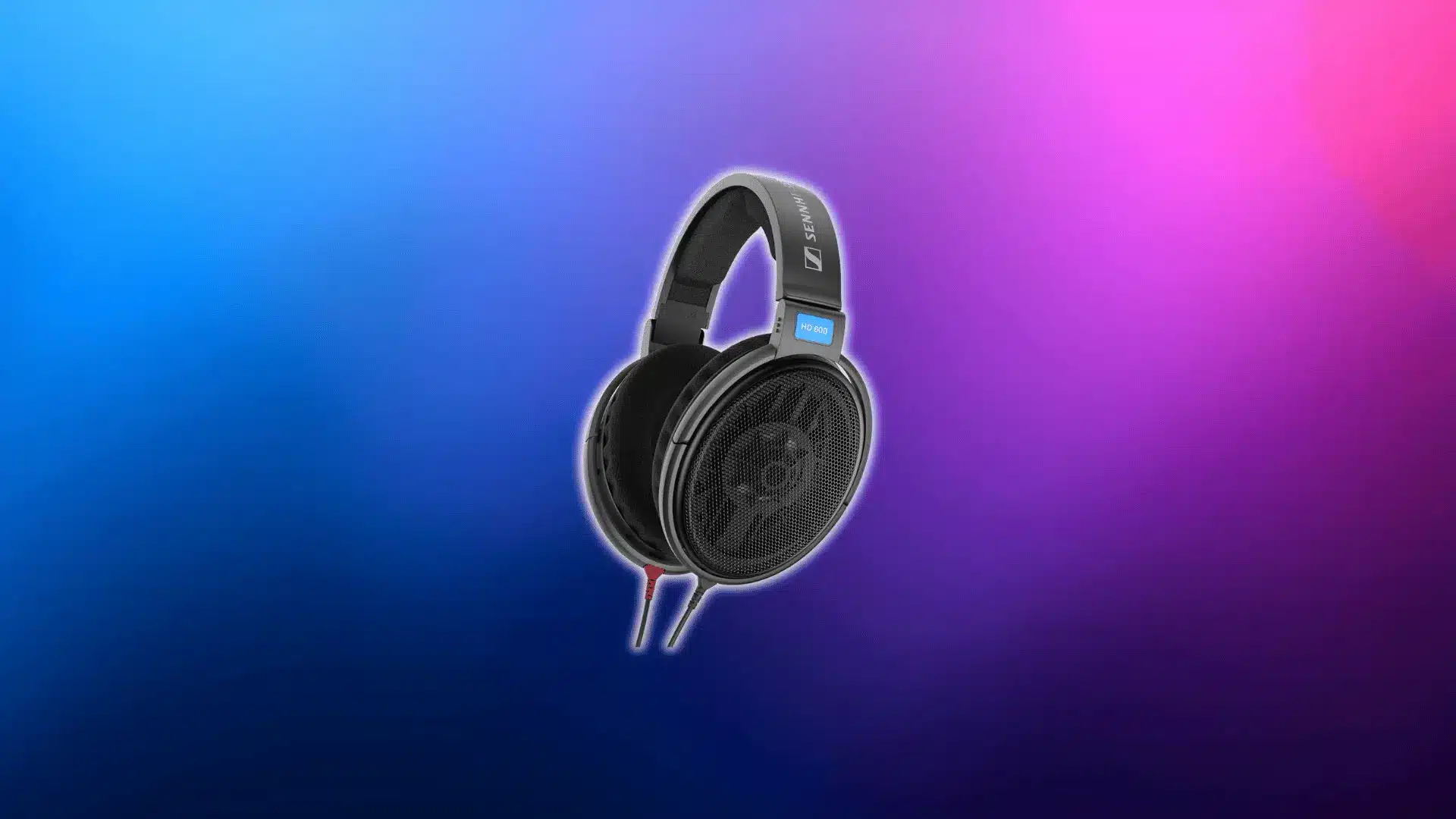Sennheiser HD 600 open-back audiophile headphones on a blue and pink gradient background.