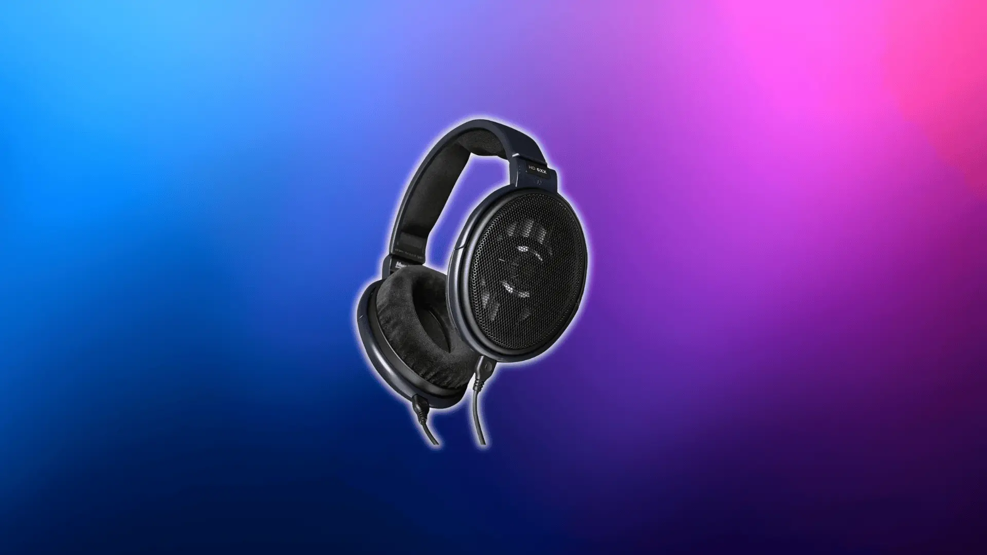 Sennheiser HD 6XX open-back headphones with detachable audio cable on a blue and pink gradient background
