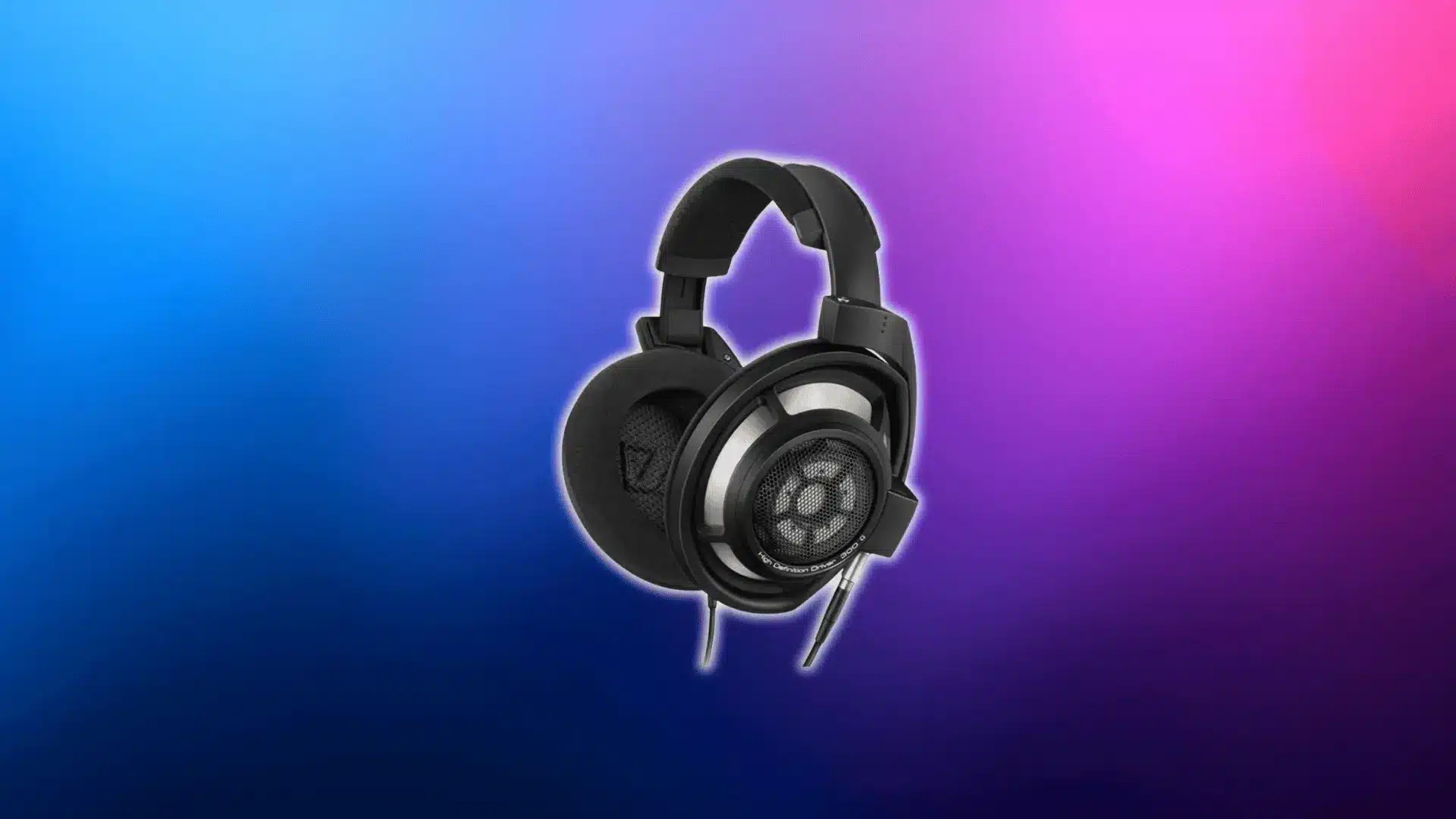 Sennheiser HD 800 S open-back audiophile headphones on a blue and pink gradient background