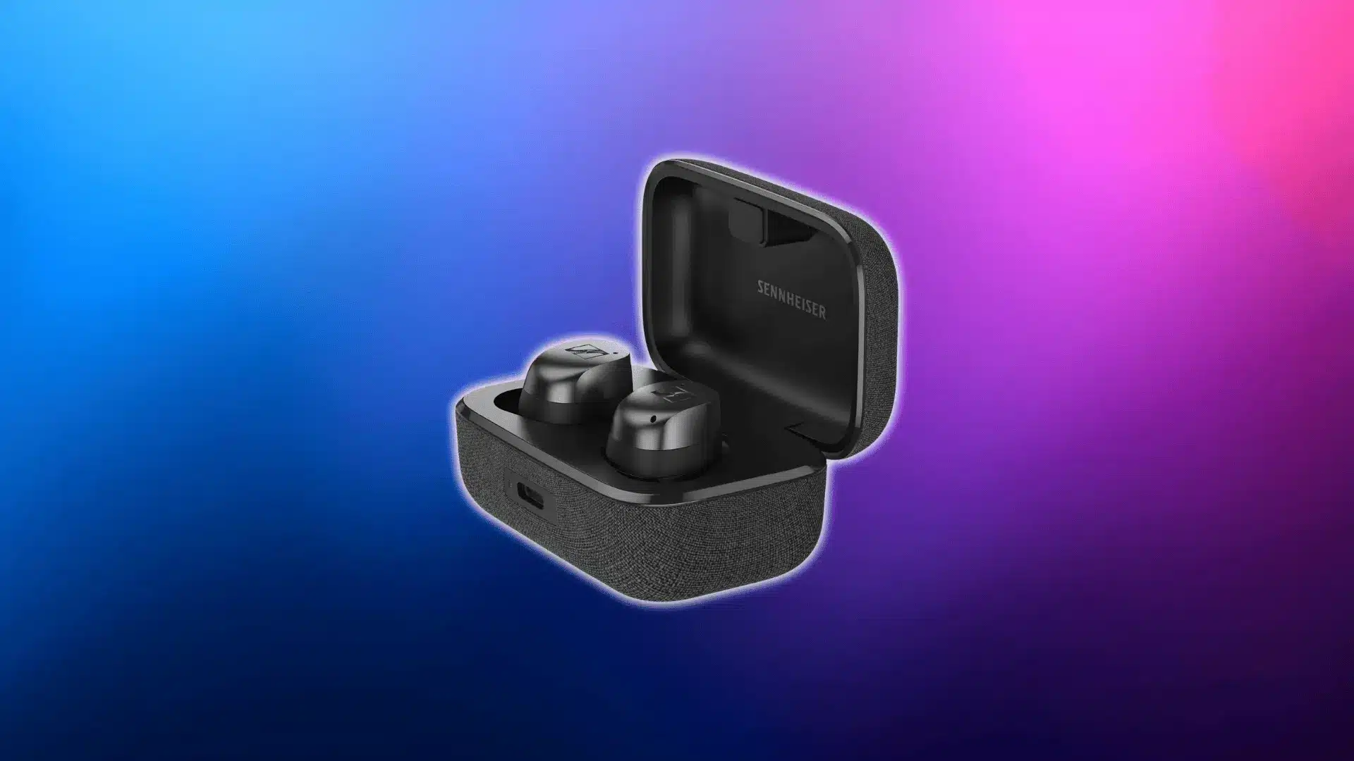 Sennheiser Momentum True Wireless 4 earbuds in an open charging case on a blue and pink gradient background