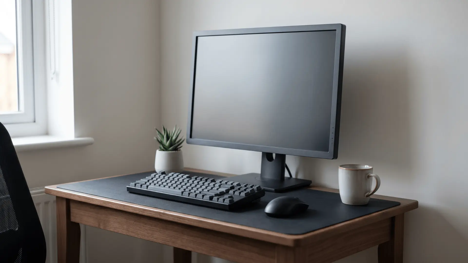 Single monitor centered on a small desk with keyboard and mouse in a compact layout.