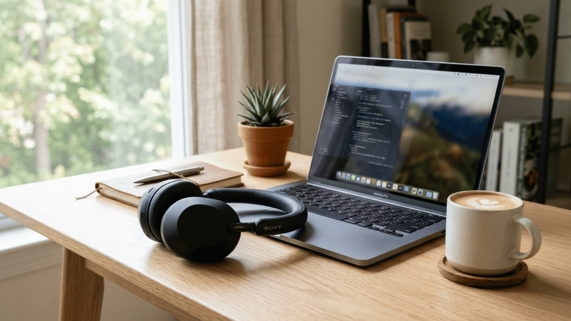 sony headphones beside laptop on wooden desk with coffee and plant, showing casual work and music listening environment