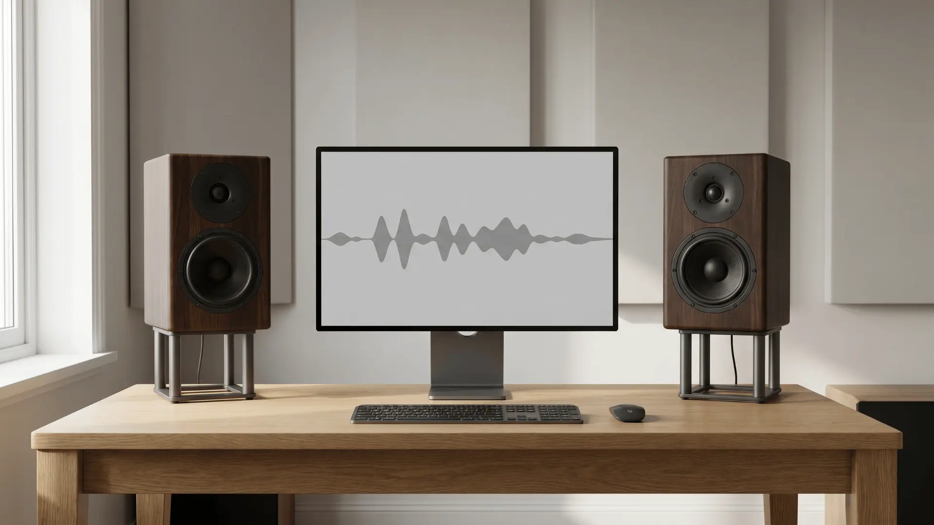 Speakers raised on stands aligned with monitor height on a desk