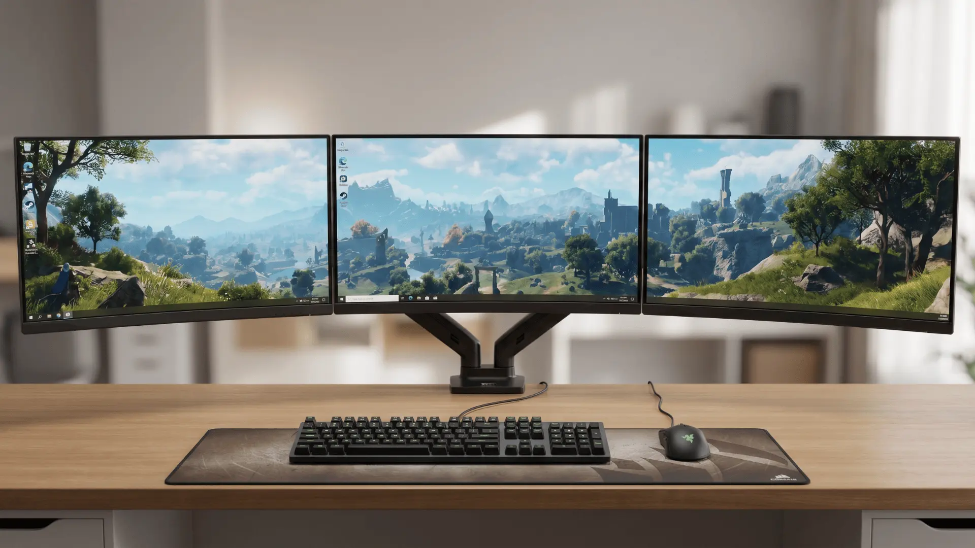 Three monitors arranged in a curved layout on a desk with a keyboard and mouse