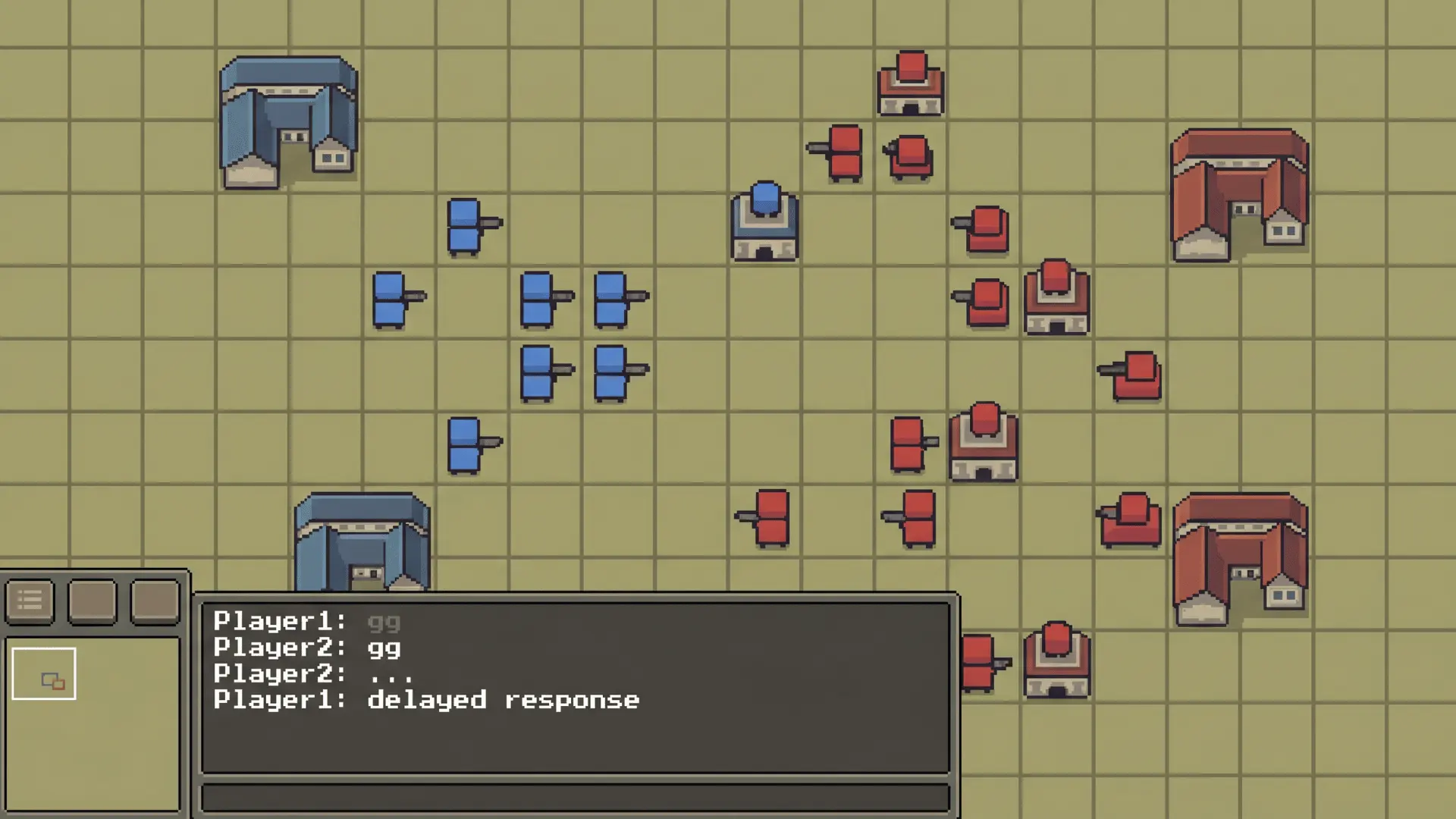 Top-down strategy game scene with units on a map and a chat box showing short player messages
