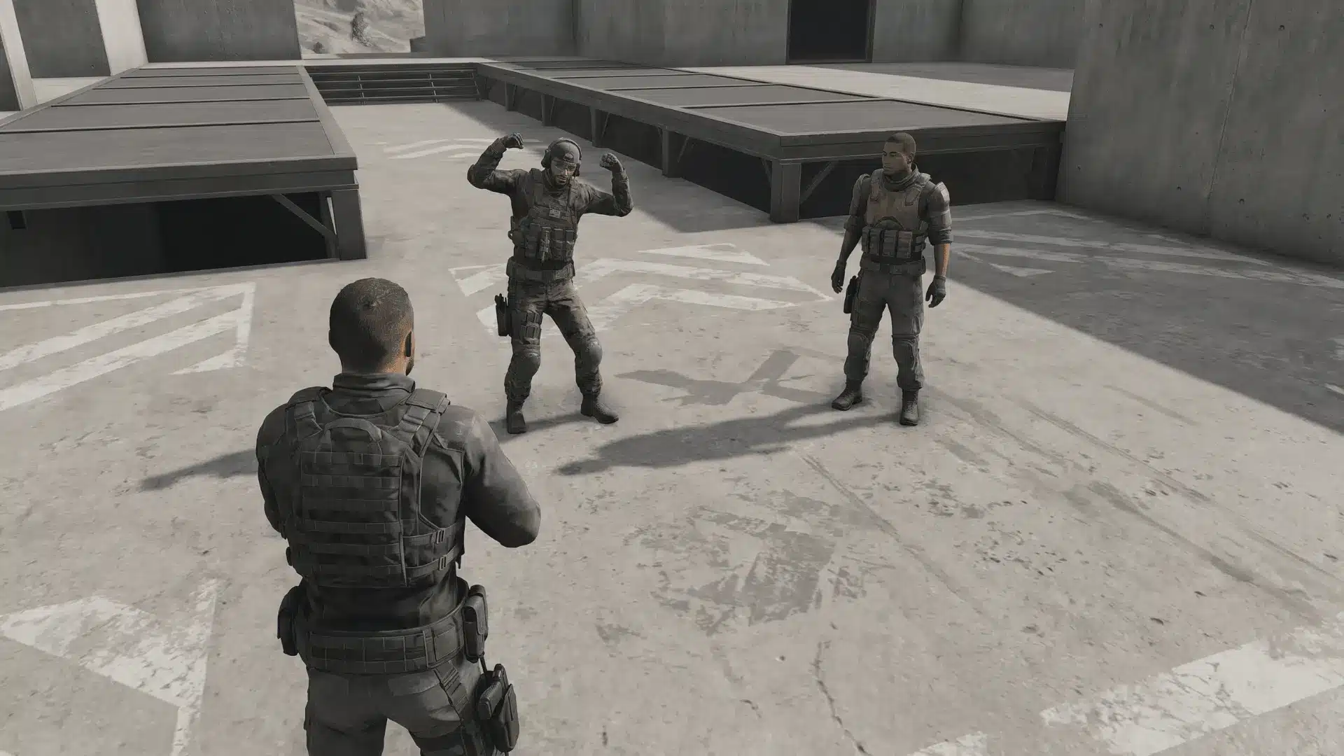 Two game characters in a neutral arena, one performing a taunting action while the other stands still