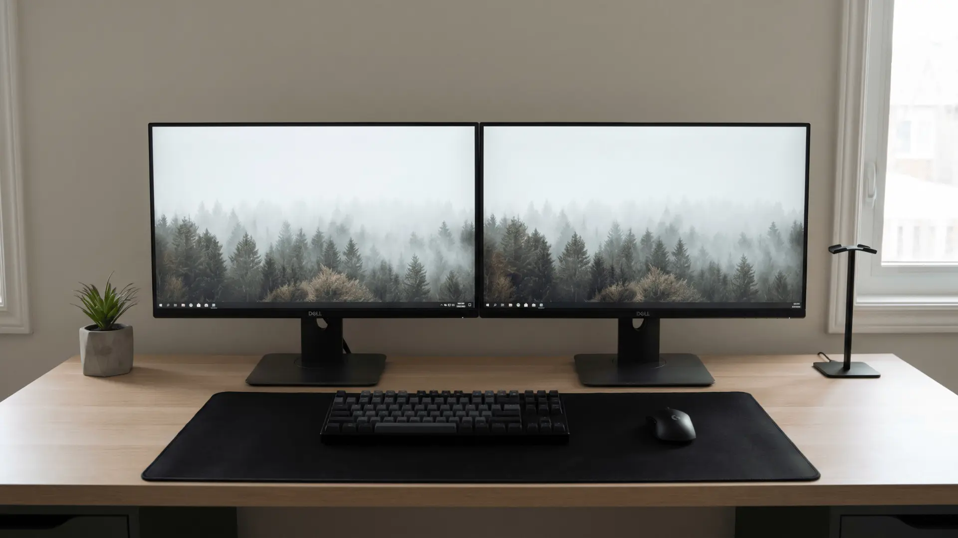 Two monitors aligned evenly side by side at eye level on a clean desk setup