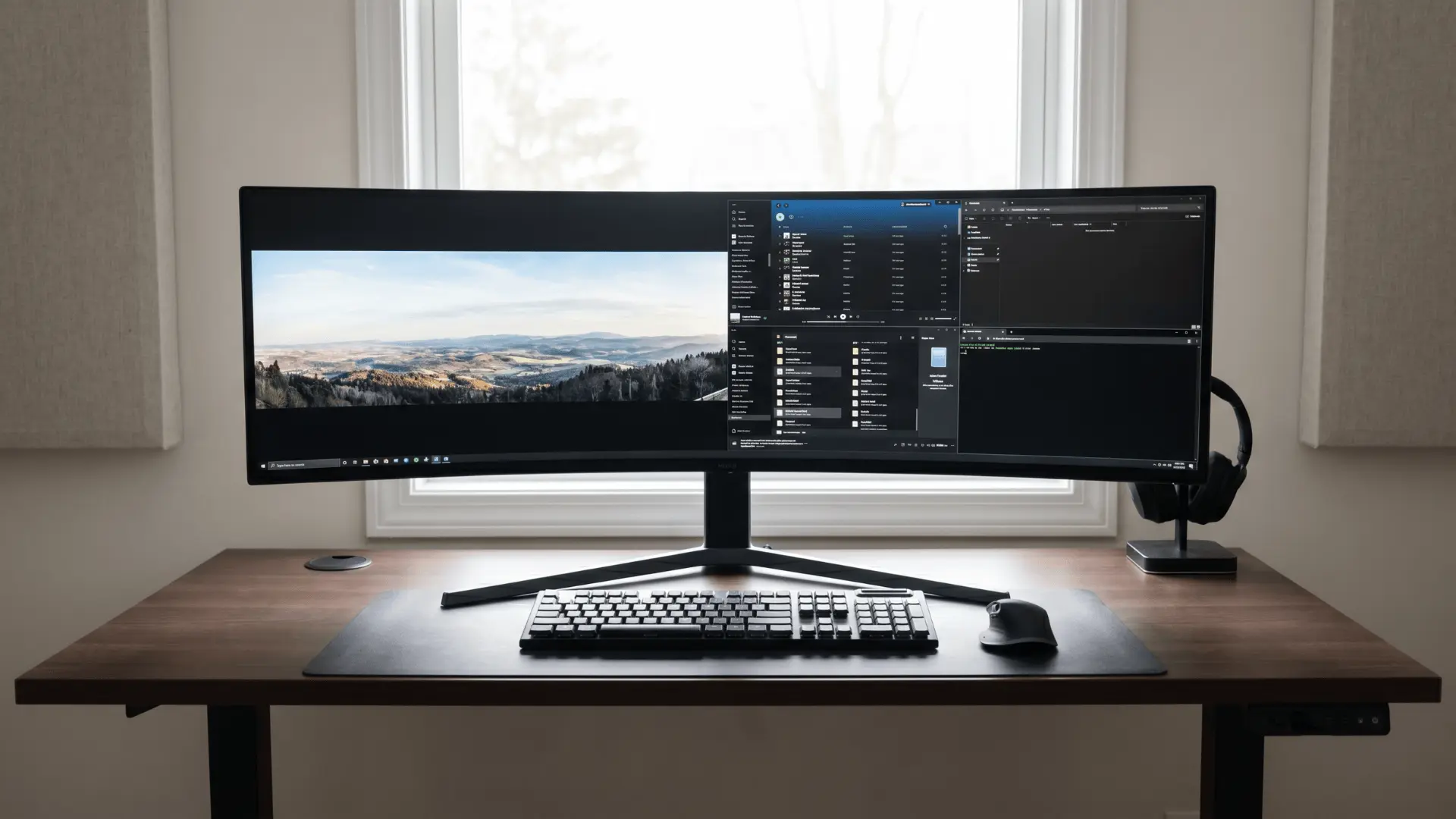 Ultrawide curved monitor centered on a desk showing a wide continuous screen layout