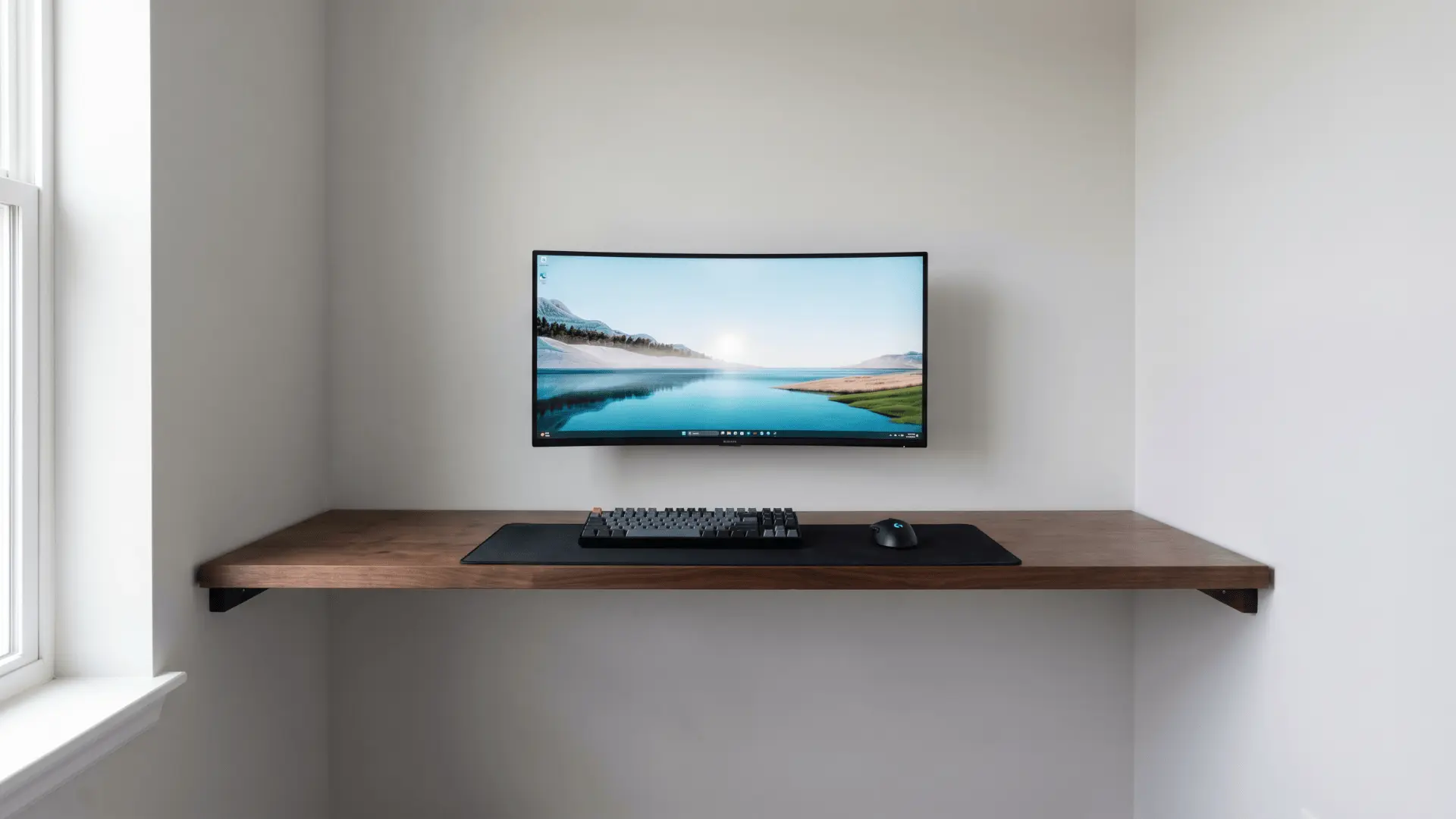Wall-mounted floating desk with monitor and open space underneath in a small room