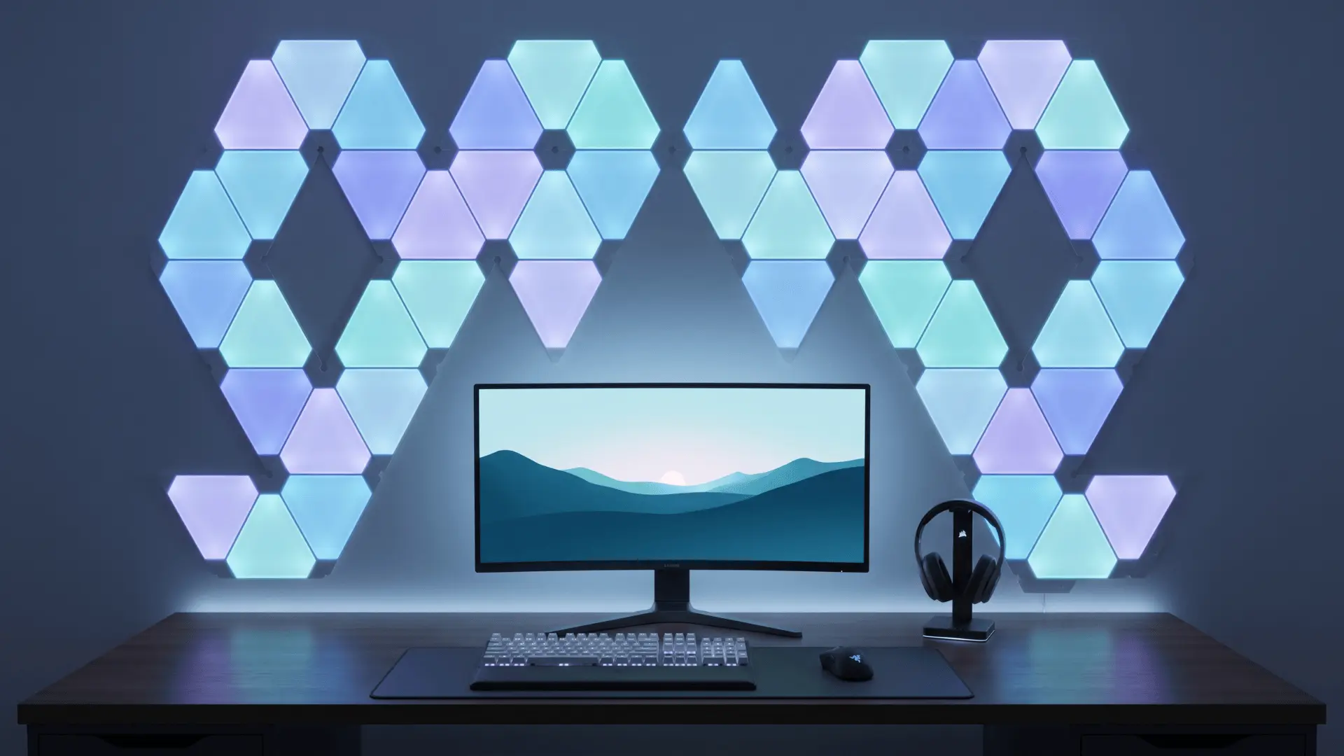 Wall-mounted LED panels arranged in a neat pattern behind a desk setup