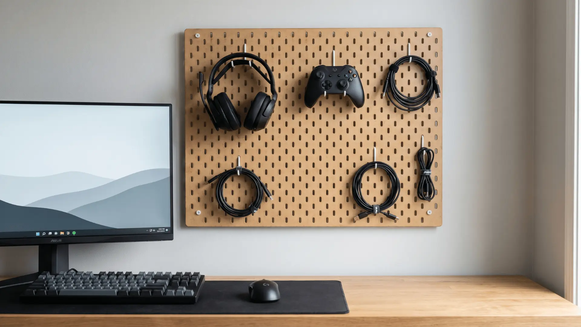 Wall pegboard holding headphones, controller, and cables above a desk setup