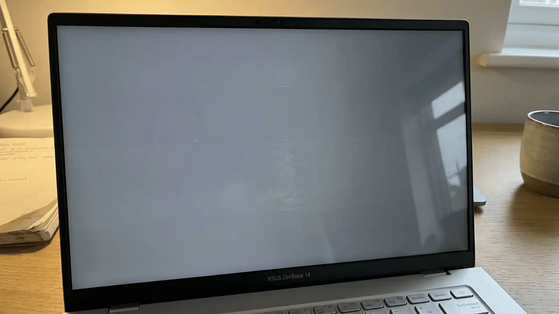 Zenbook 14 laptop screen showing faint horizontal lines and subtle flicker artifacts on display