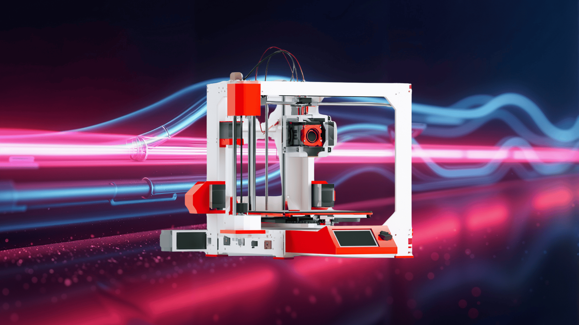 3d printer on a background with neon lights in a dark futuristic with vibrant color contrast and light passing