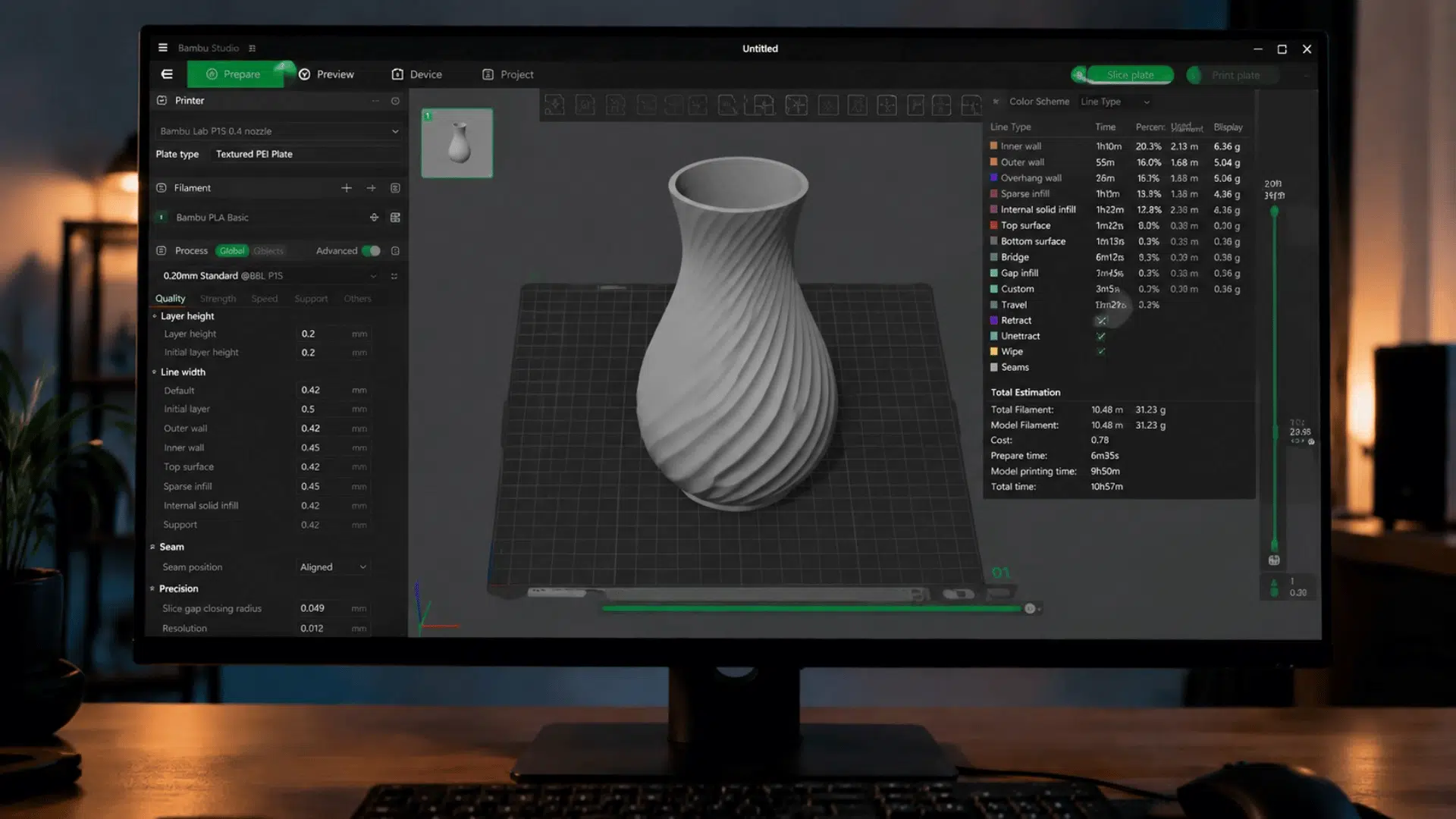3d printing interface on desktop workstation with designing software showing a 3d vase model being ready for print