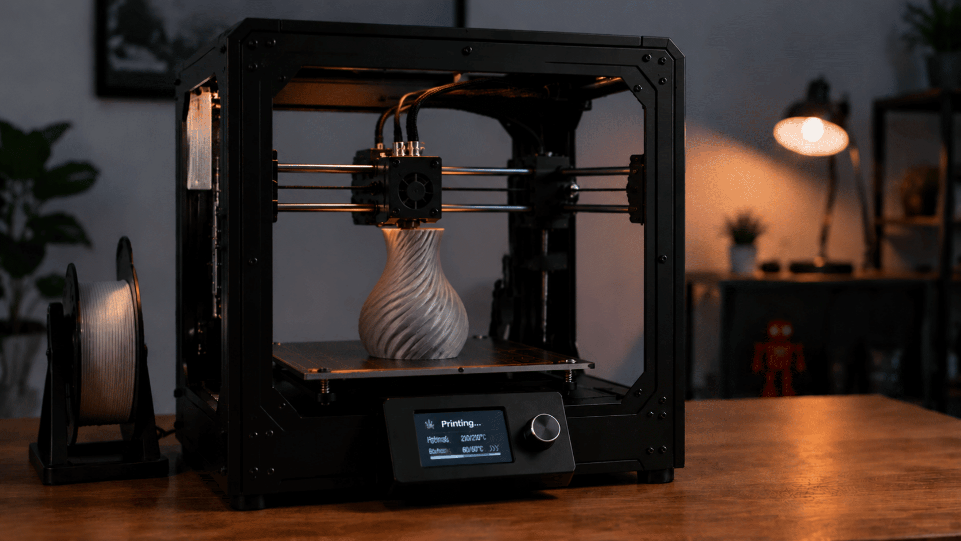 a 3d printing workspace showing a vase base being printed in indoor setting studio light setup