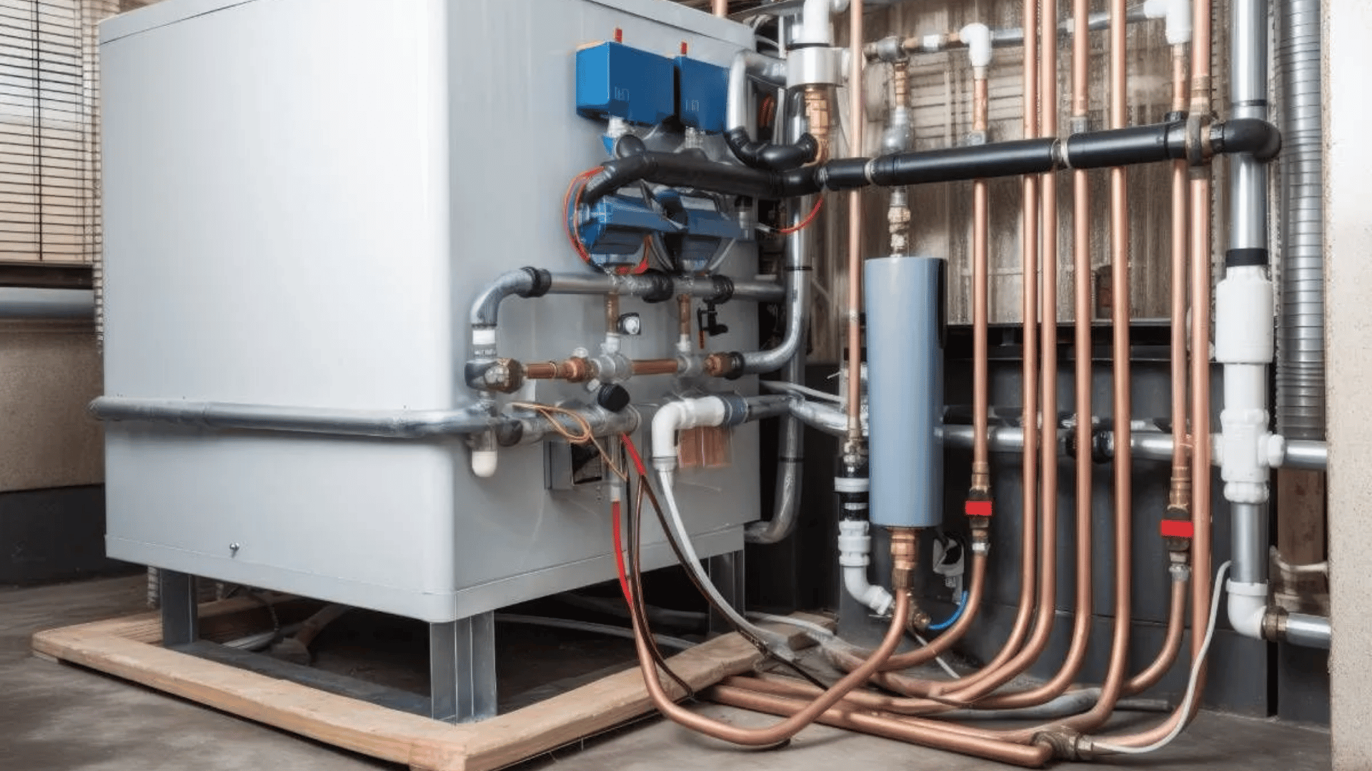 a geothermal heat pump system unit installed in an indoor setting with visible duct pipes levers and electrical connection