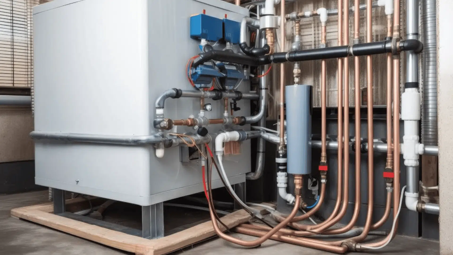 a geothermal heat pump system unit installed in an indoor setting with visible duct pipes levers and electrical connection