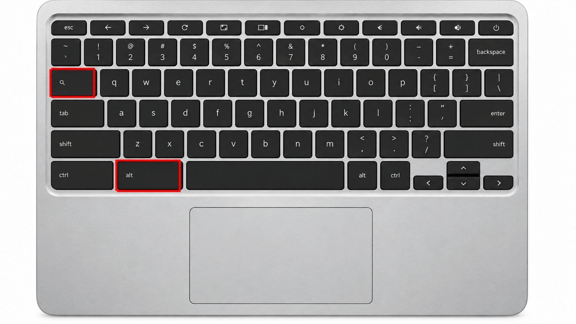 a minimalist laptop keyboard and trackpad view with red box highlighting the alt and search key in a silver color chromebook with black keys