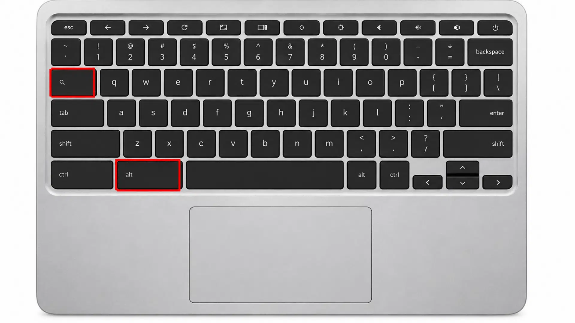 a minimalist laptop keyboard and trackpad view with red box highlighting the alt and search key in a silver color chromebook with black keys