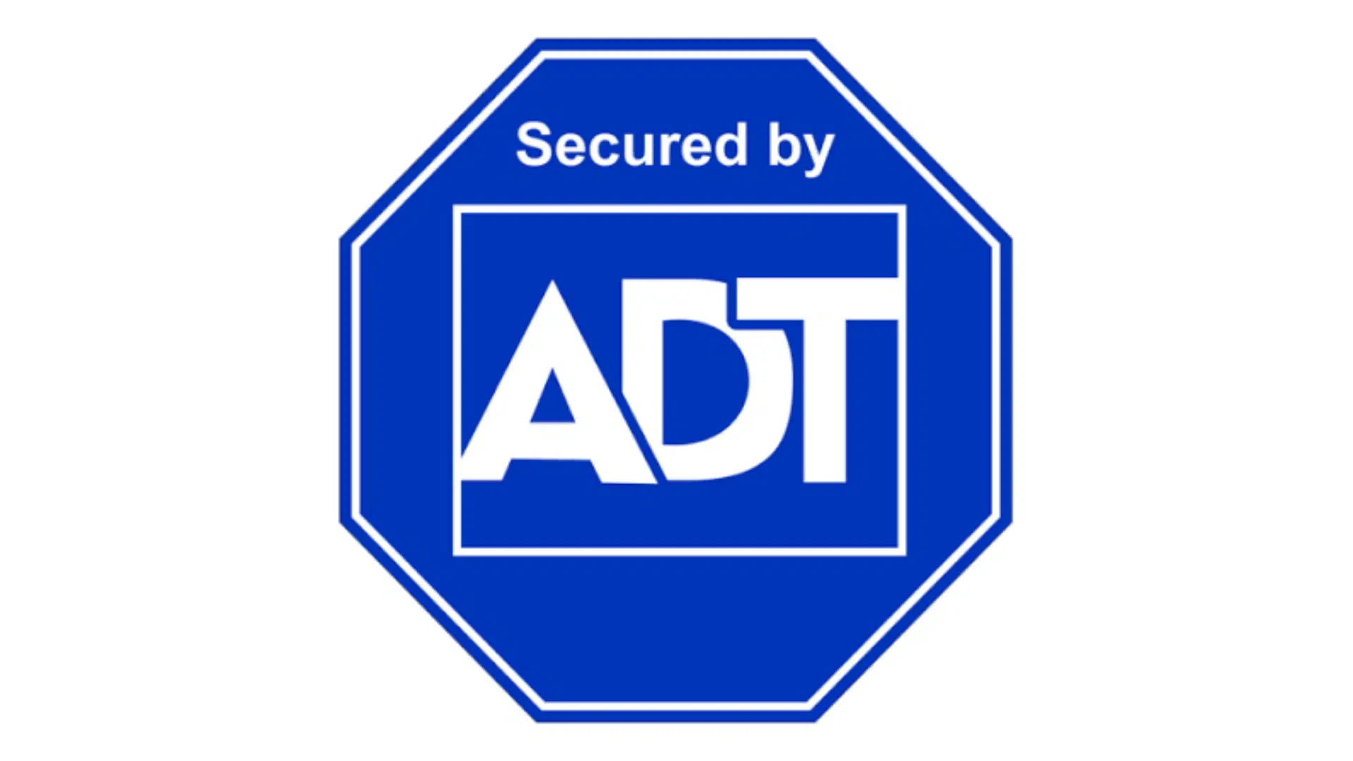adt the fire alarm system monitoring service provider in usa logo on a blue template in a neutral white lighting with tagline secured by showing its theme