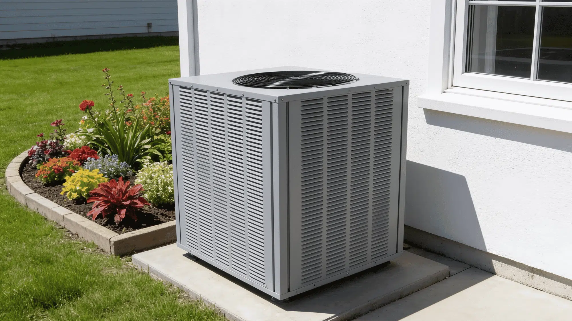air conditioning condenser unit beside house with gravel landscaping and green shrubs