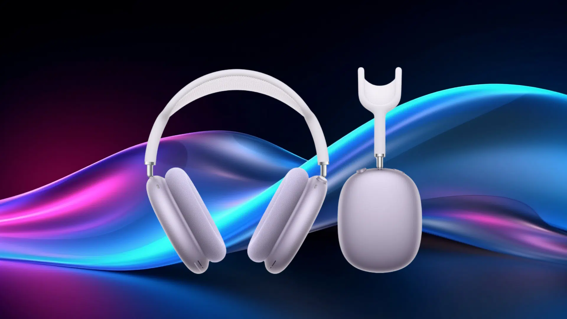 Apple AirPods Max headphones with Smart Case displayed on a colorful abstract background
