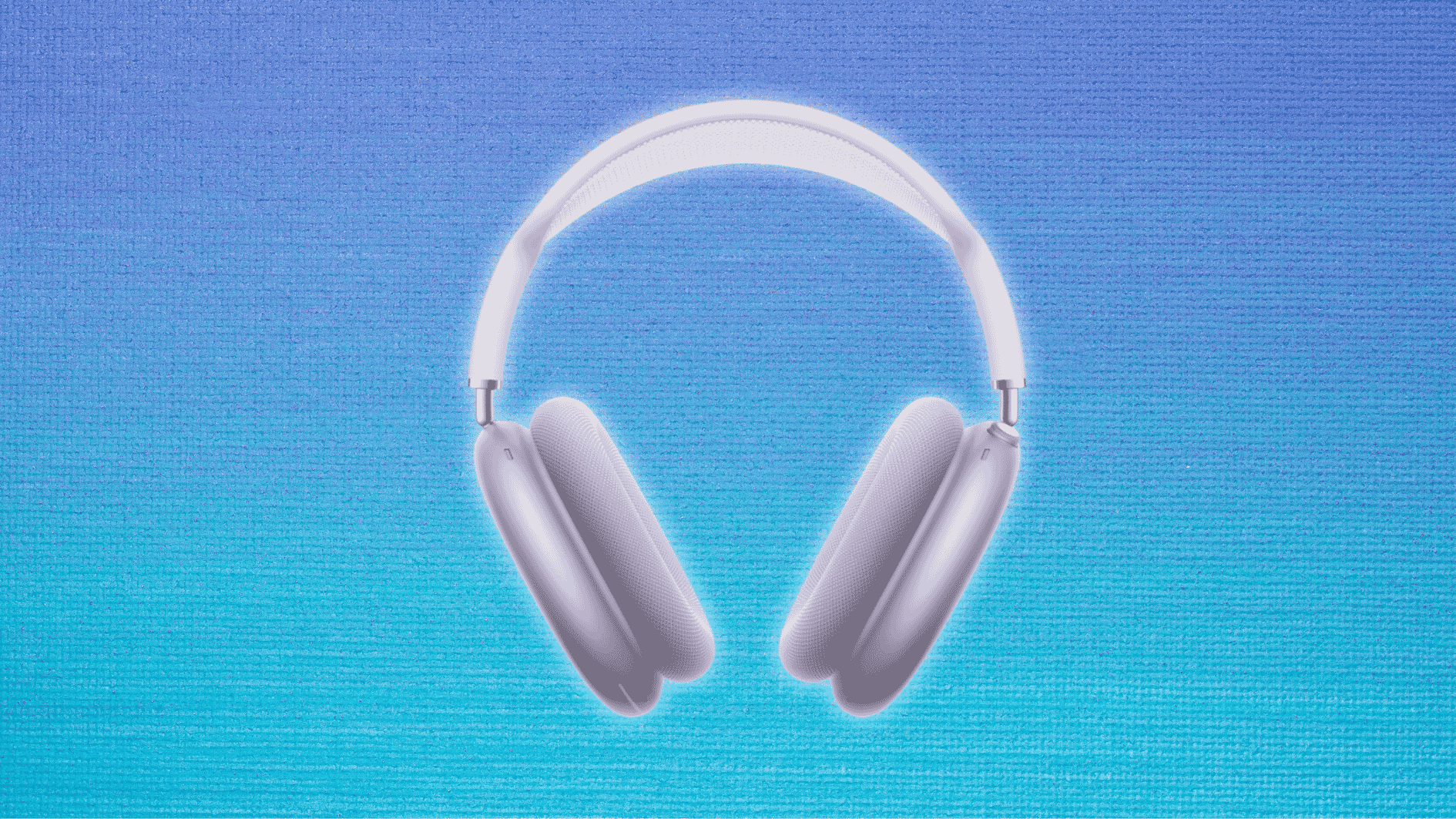 apple airpods max in purple colorway displayed against a blue gradient background, showcasing the mesh headband and ear cups