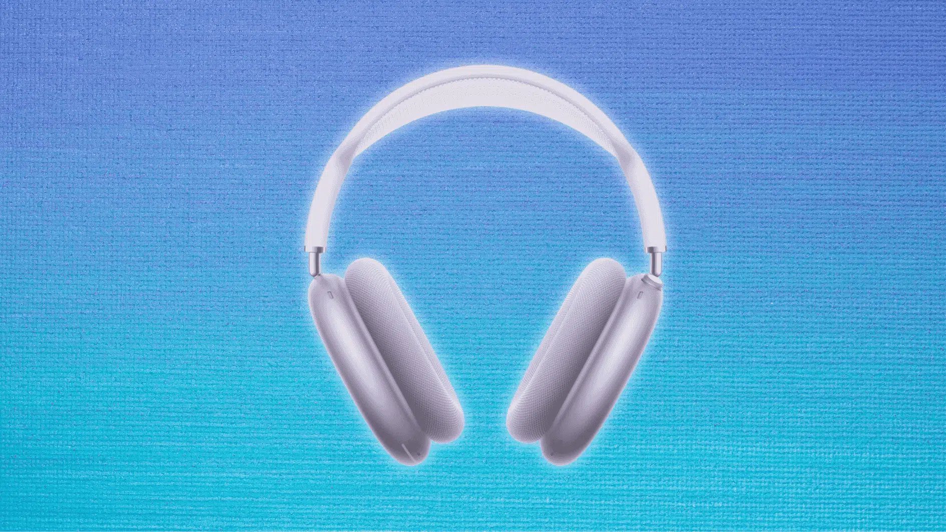 apple airpods max in purple colorway displayed against a blue gradient background, showcasing the mesh headband and ear cups