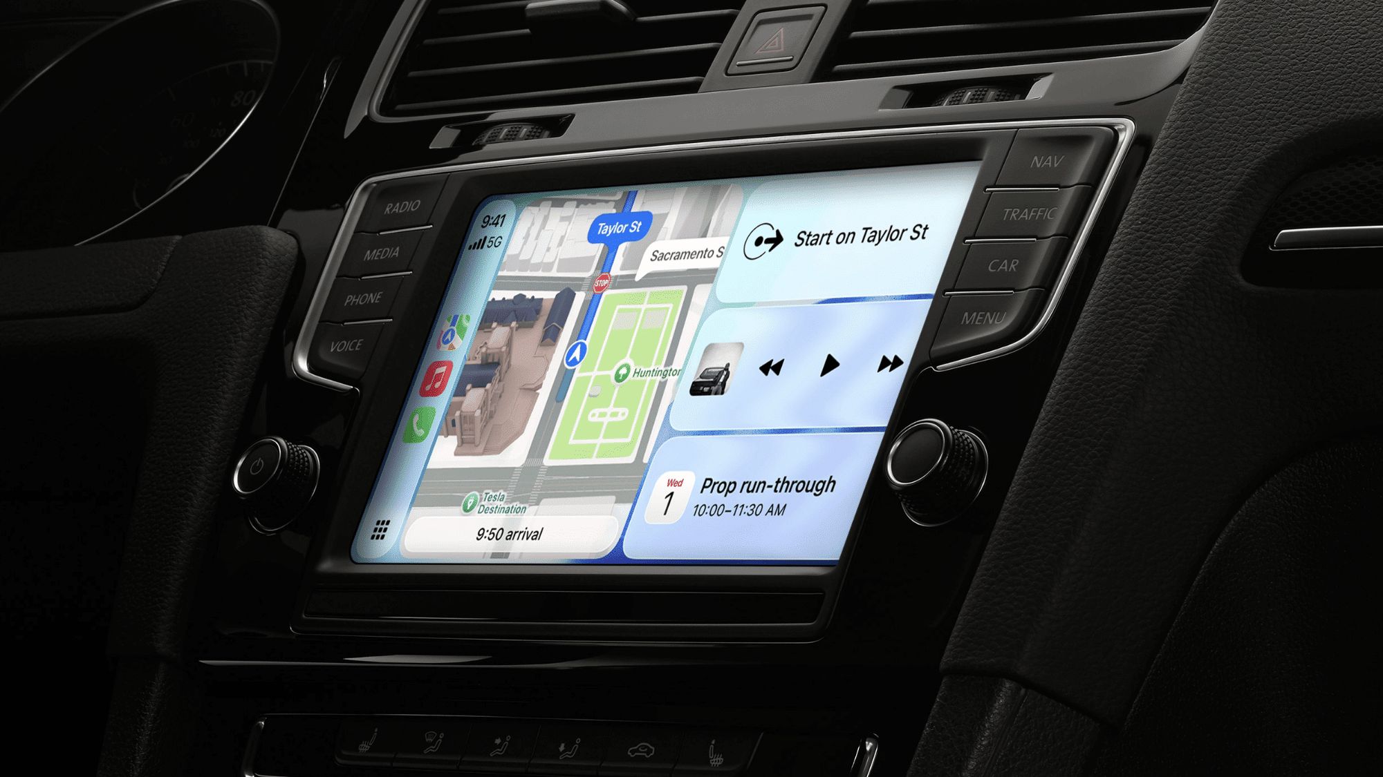 apple carplay dashboard showing maps music and navigation on a vehicle infotainment screen (1)