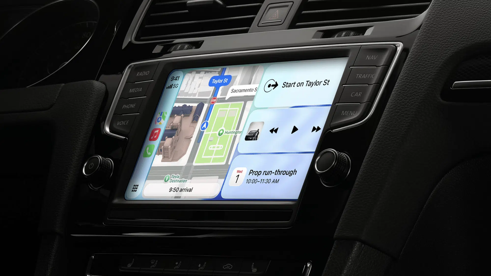 apple carplay dashboard showing maps music and navigation on a vehicle infotainment screen (1)