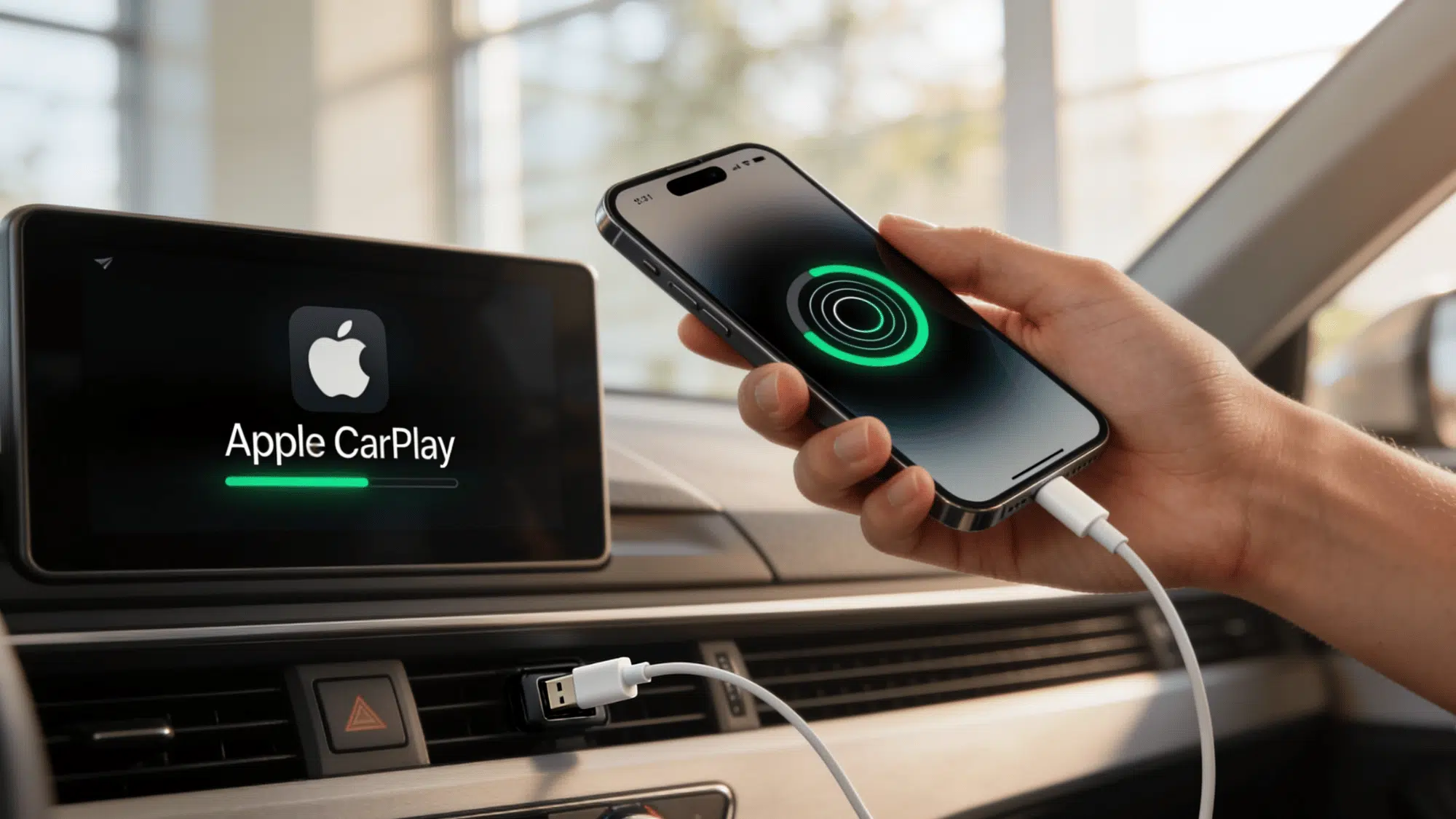 apple carplay setup with iphone connected to car display using a usb cable for quick pairing