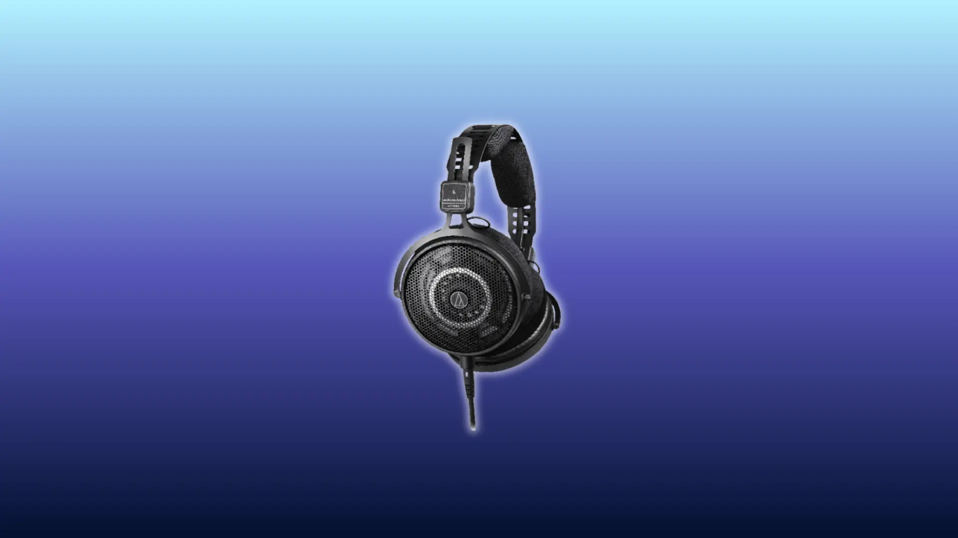 Image of Audio-Technica ATH-R50x headphones, over-ear open-back design, displayed against a blue gradient background.