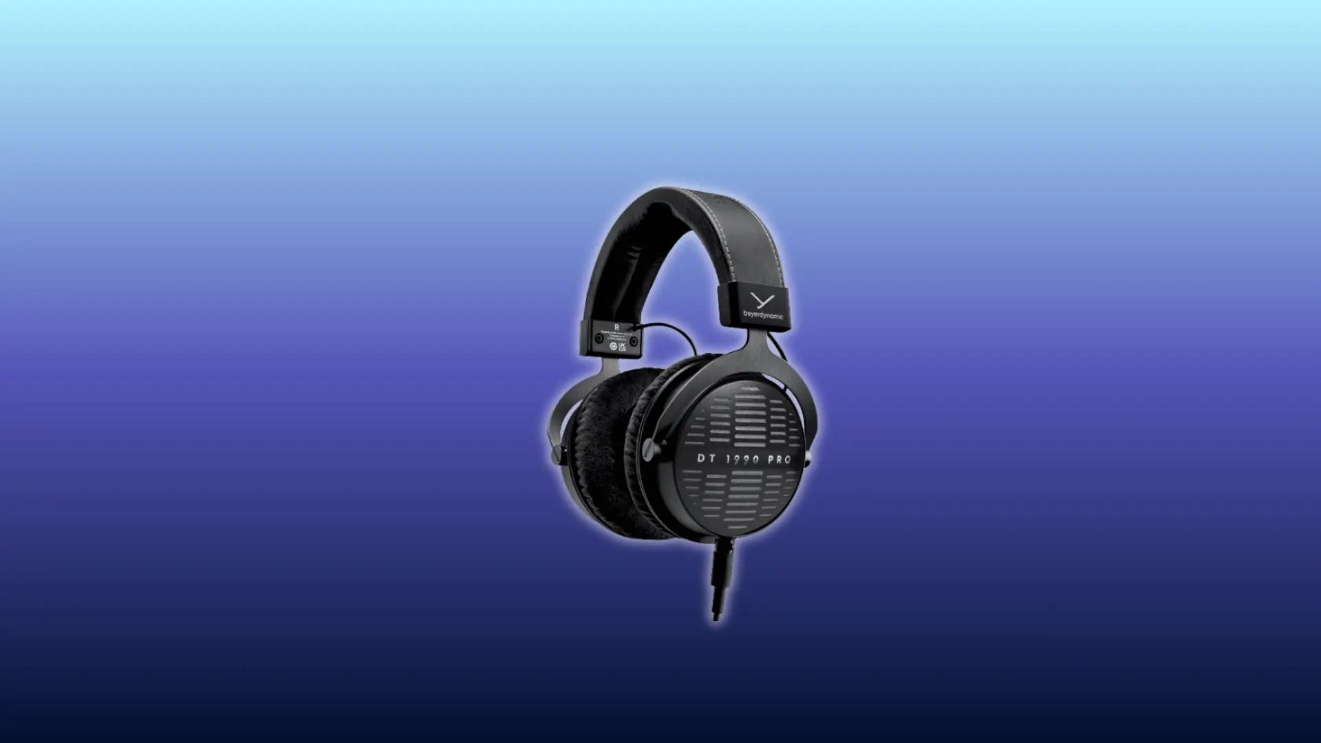 Image of Beyerdynamic DT 1990 Pro MKII headphones, over-ear open-back design in black with circular ear cups and open mesh grills, displayed against a gradient blue background.