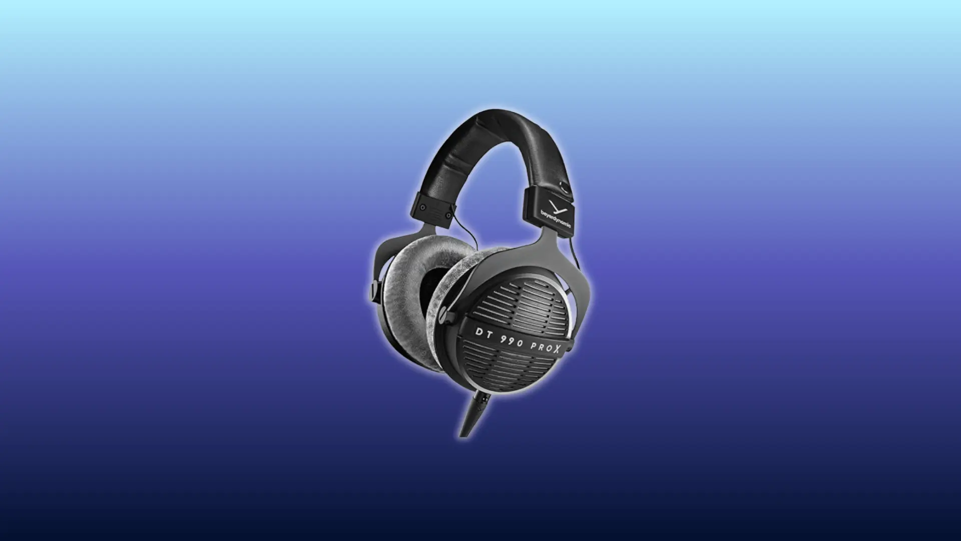 Image of Beyerdynamic DT 990 Pro headphones, over-ear open-back design, displayed against a blue gradient background.