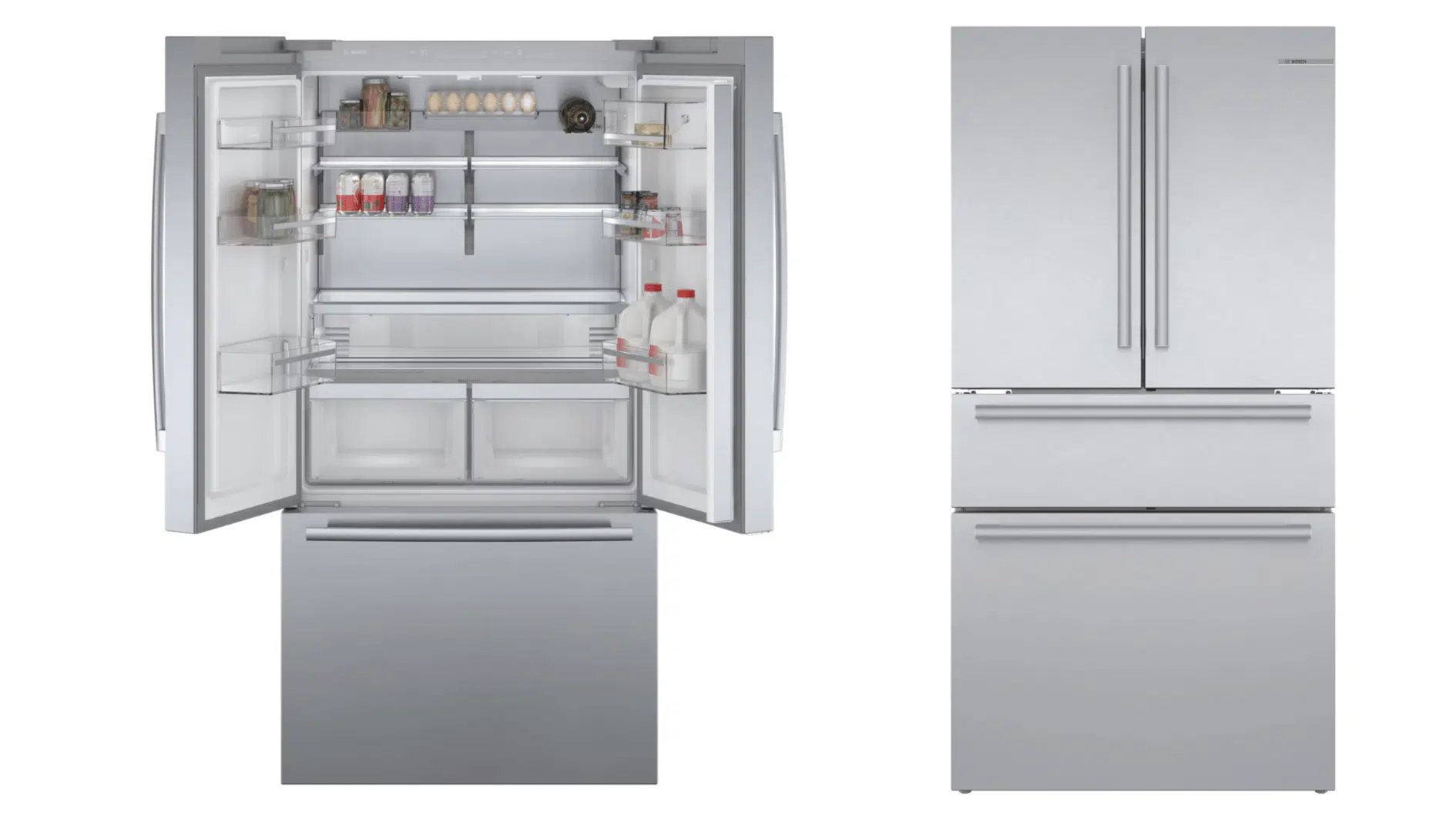 bosch 800 series french door bottom mount refrigerator with counter-depth stainless steel design and bottom freezer drawer.