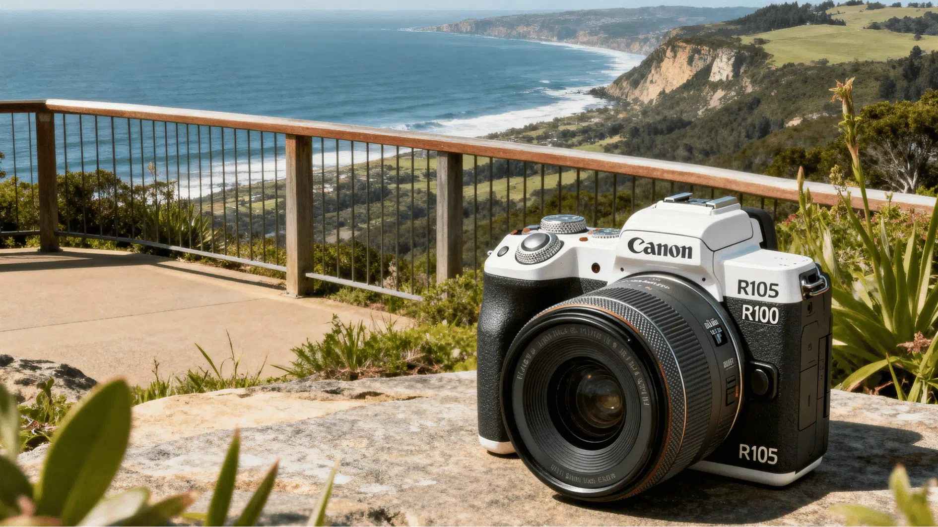 canon eos R100 mirrorless camera overlooking coastal landscape with bright natural lighting and ocean view.