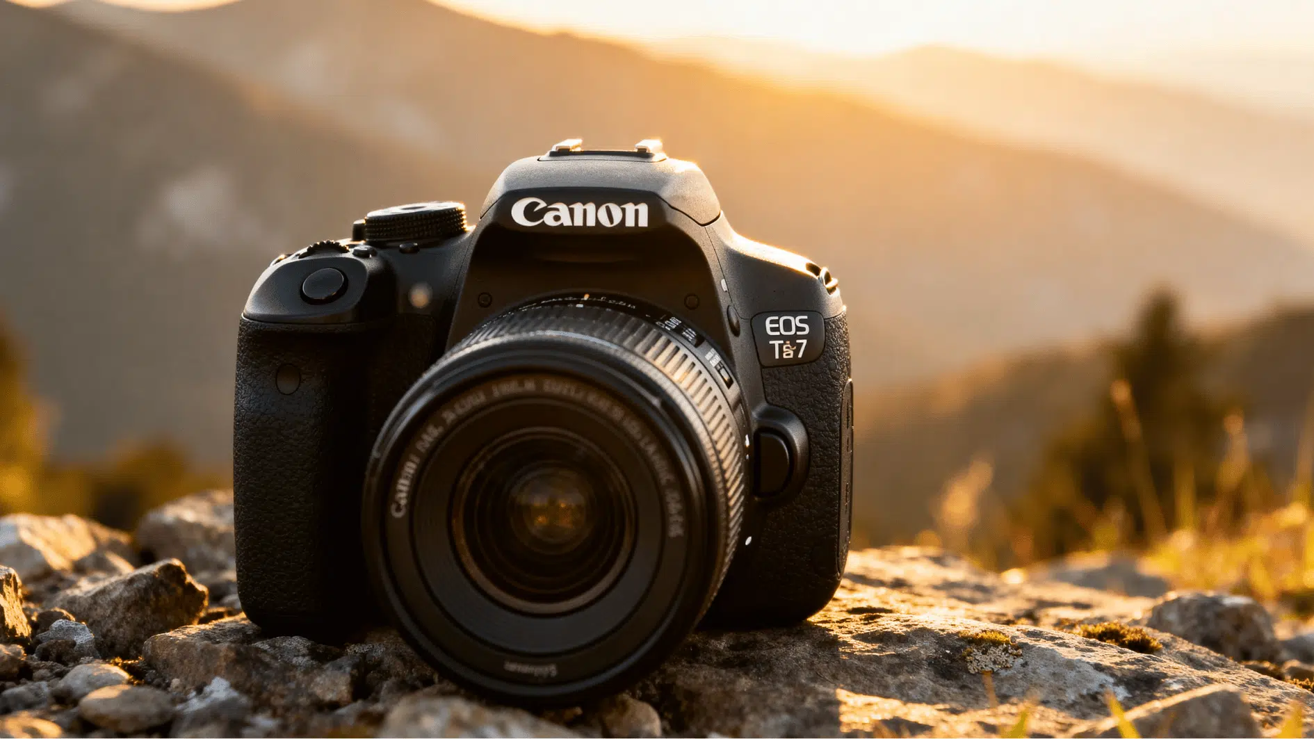 canon EOS rebel T7 DSLR camera placed on rocky mountain terrain during golden hour with scenic landscape background.