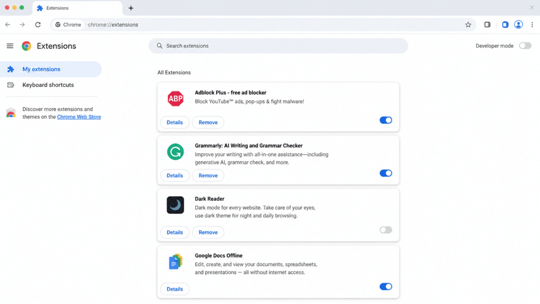 chromebook extensions page with unused browser add ons being disabled or removed