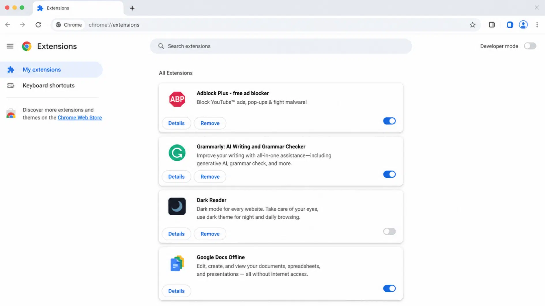 chromebook extensions page with unused browser add ons being disabled or removed