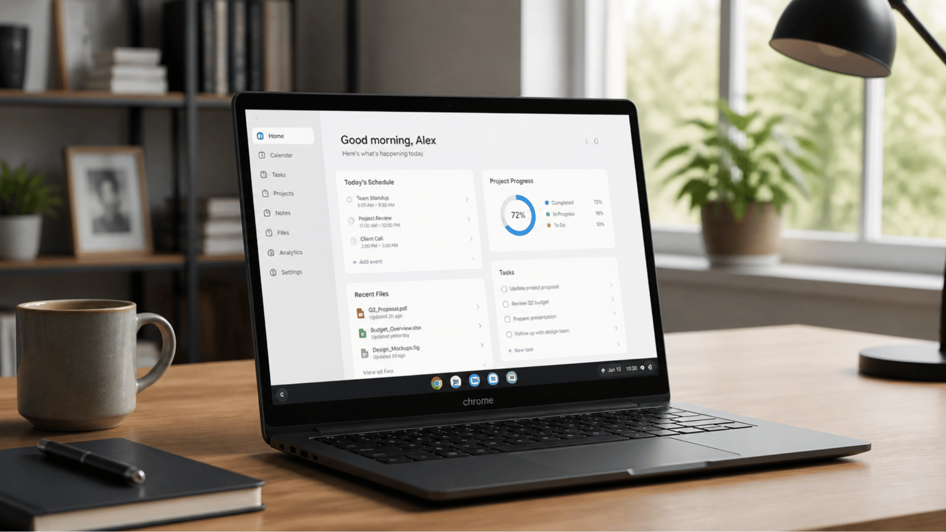 chromebook on a modern desk with apps browser tabs and cloud tools open on screen displaying speed and productivity
