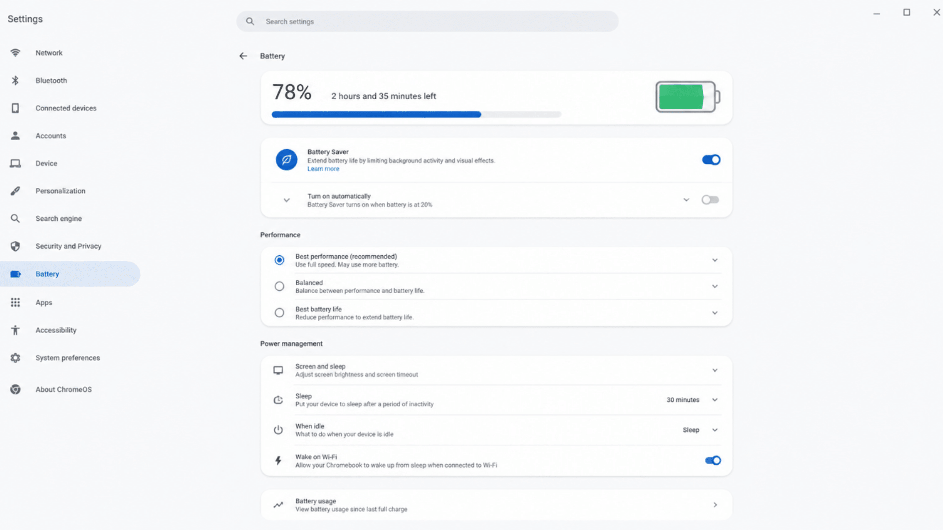 chromebook performance and power settings being adjusted for faster operation