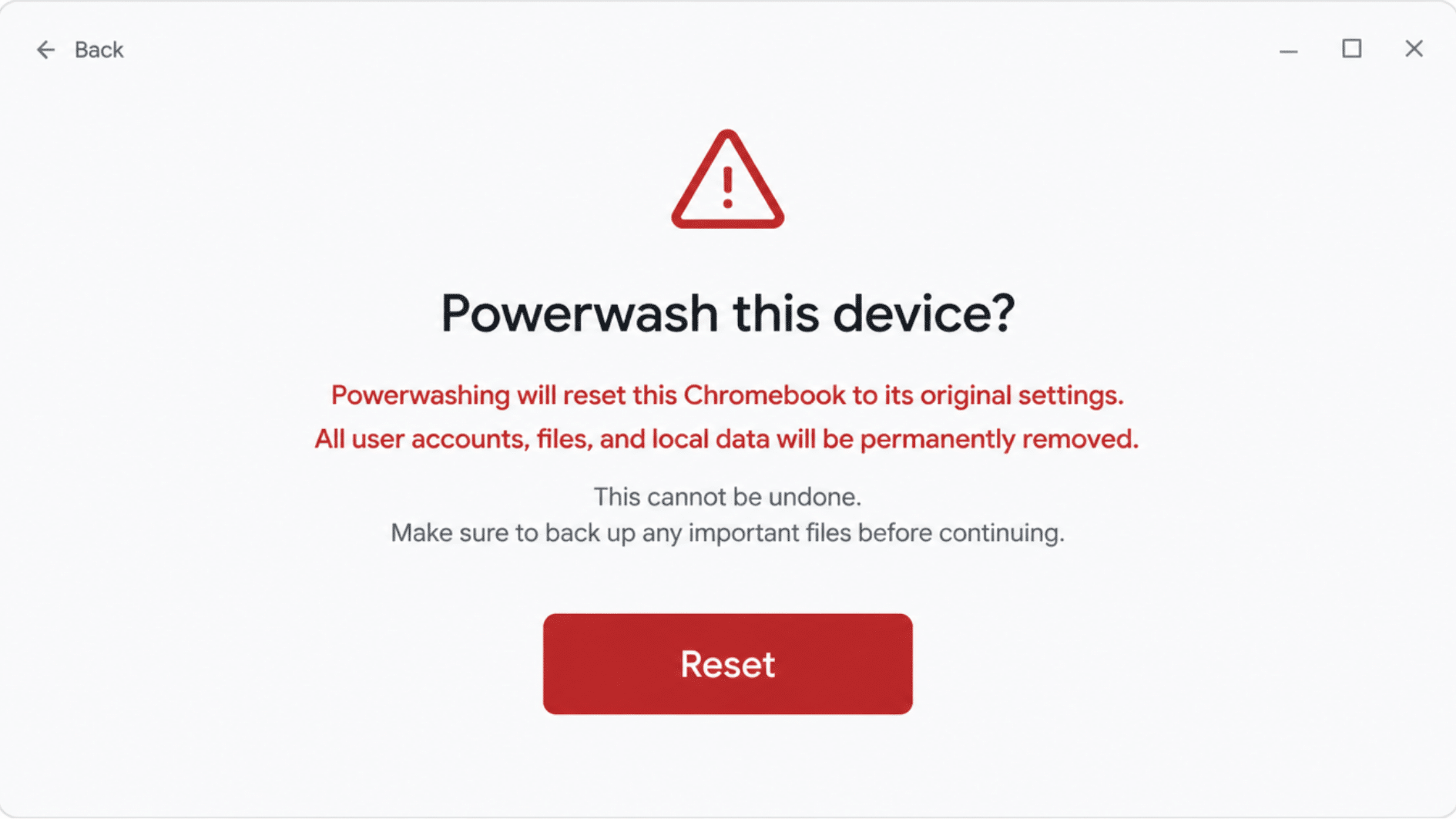 chromebook powerwash reset screen showing factory restore confirmation options