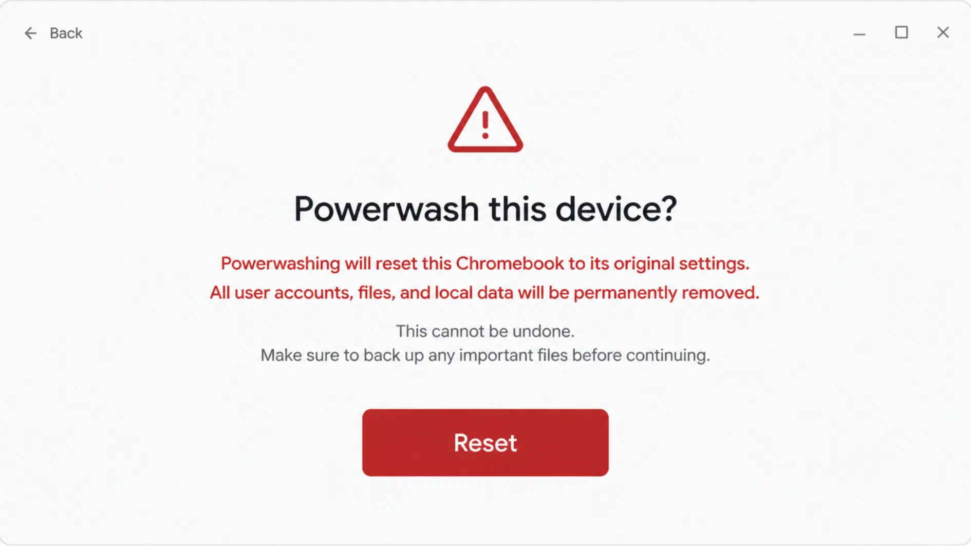 chromebook powerwash reset screen showing factory restore confirmation options