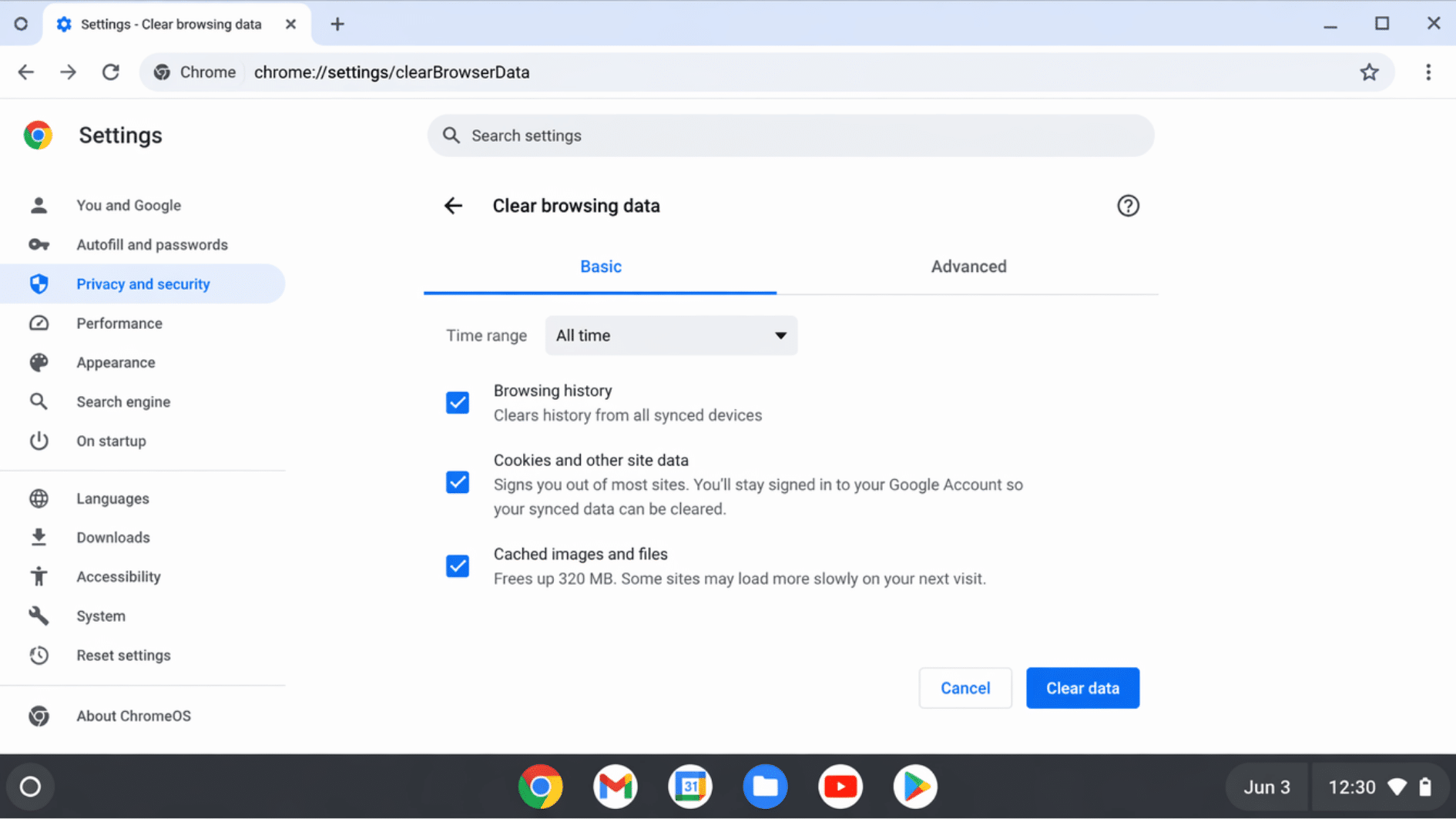 chromebook showing clear browsing data settings with cache and history removal options (1)