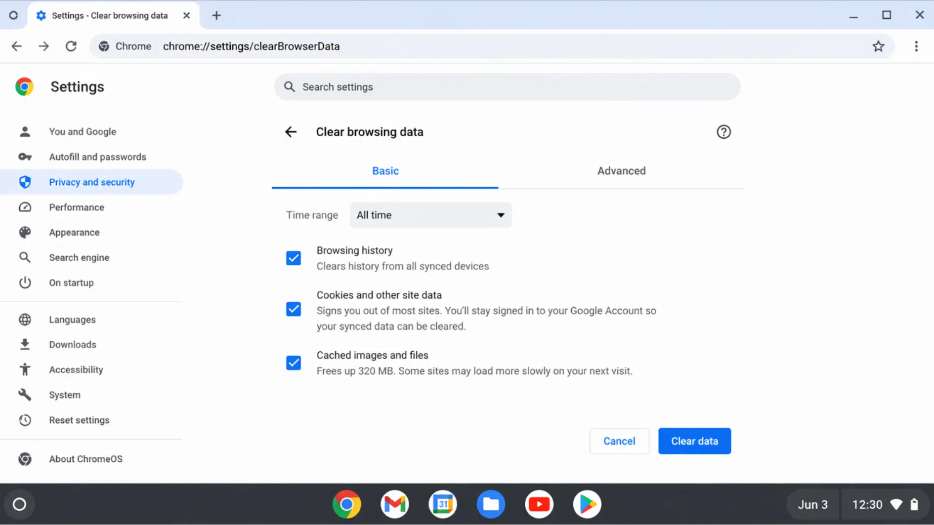 chromebook showing clear browsing data settings with cache and history removal options (1)