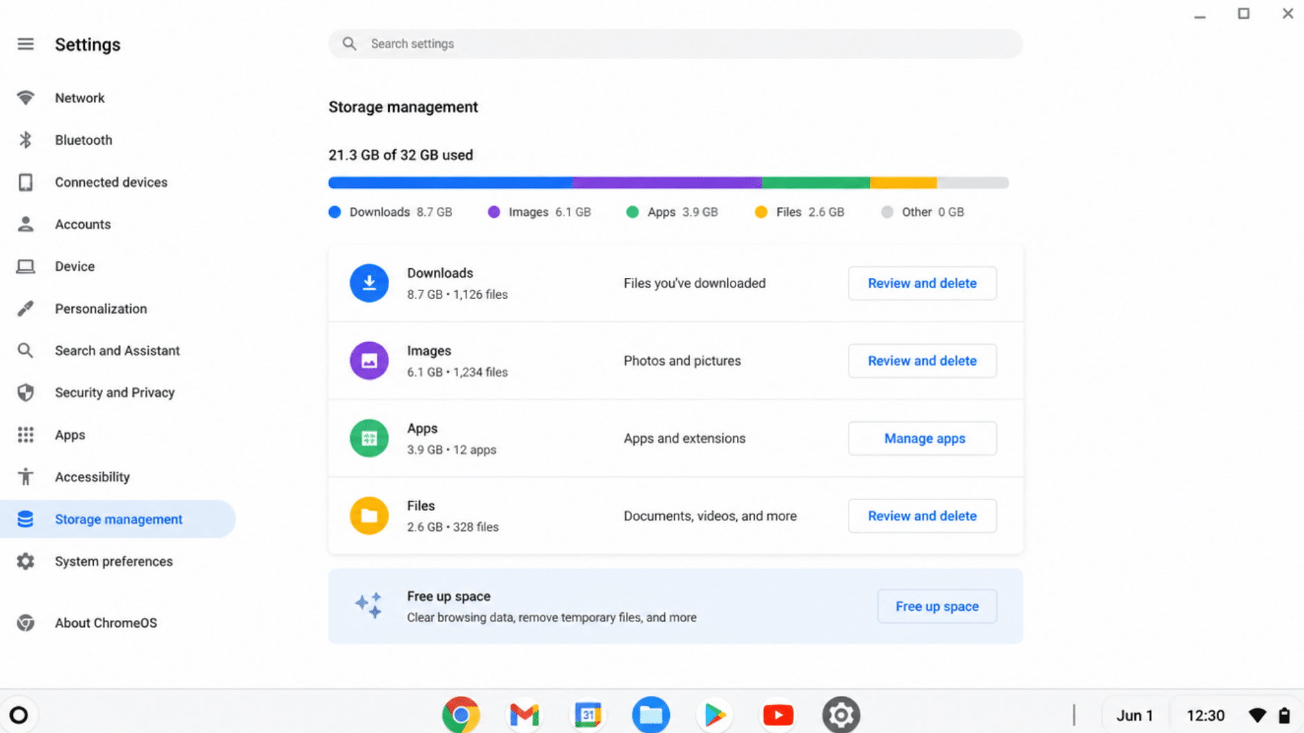 chromebook storage settings showing files being removed to free up disk space
