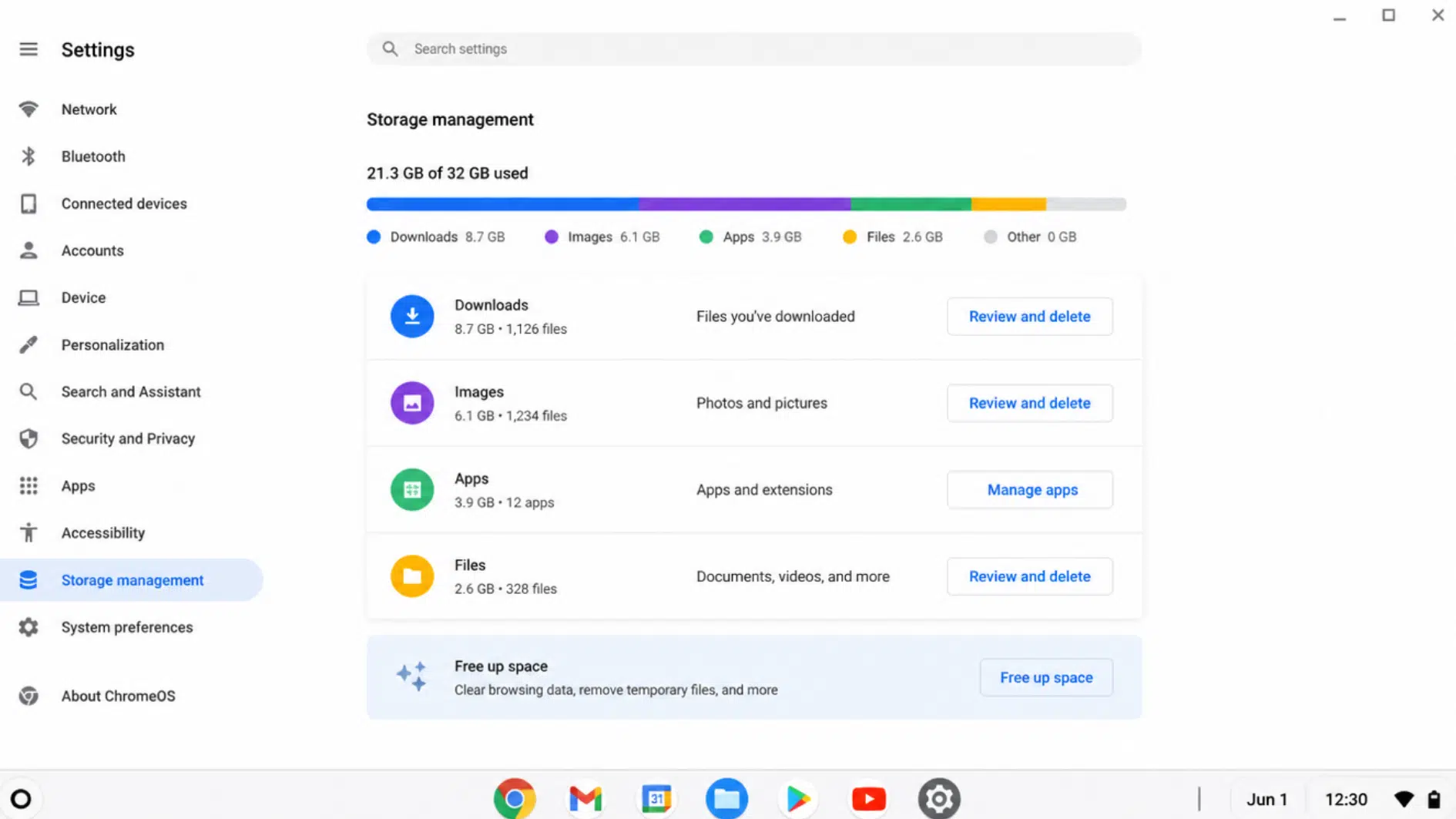 chromebook storage settings showing files being removed to free up disk space