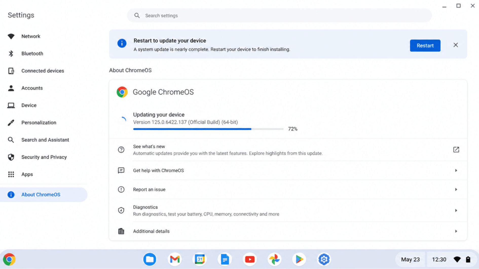 chromebook updating chrome os with progress bar visible on settings screen