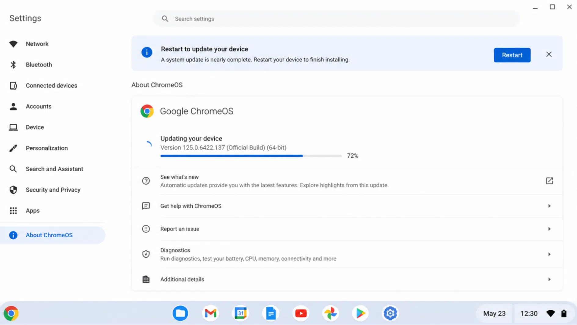 chromebook updating chrome os with progress bar visible on settings screen