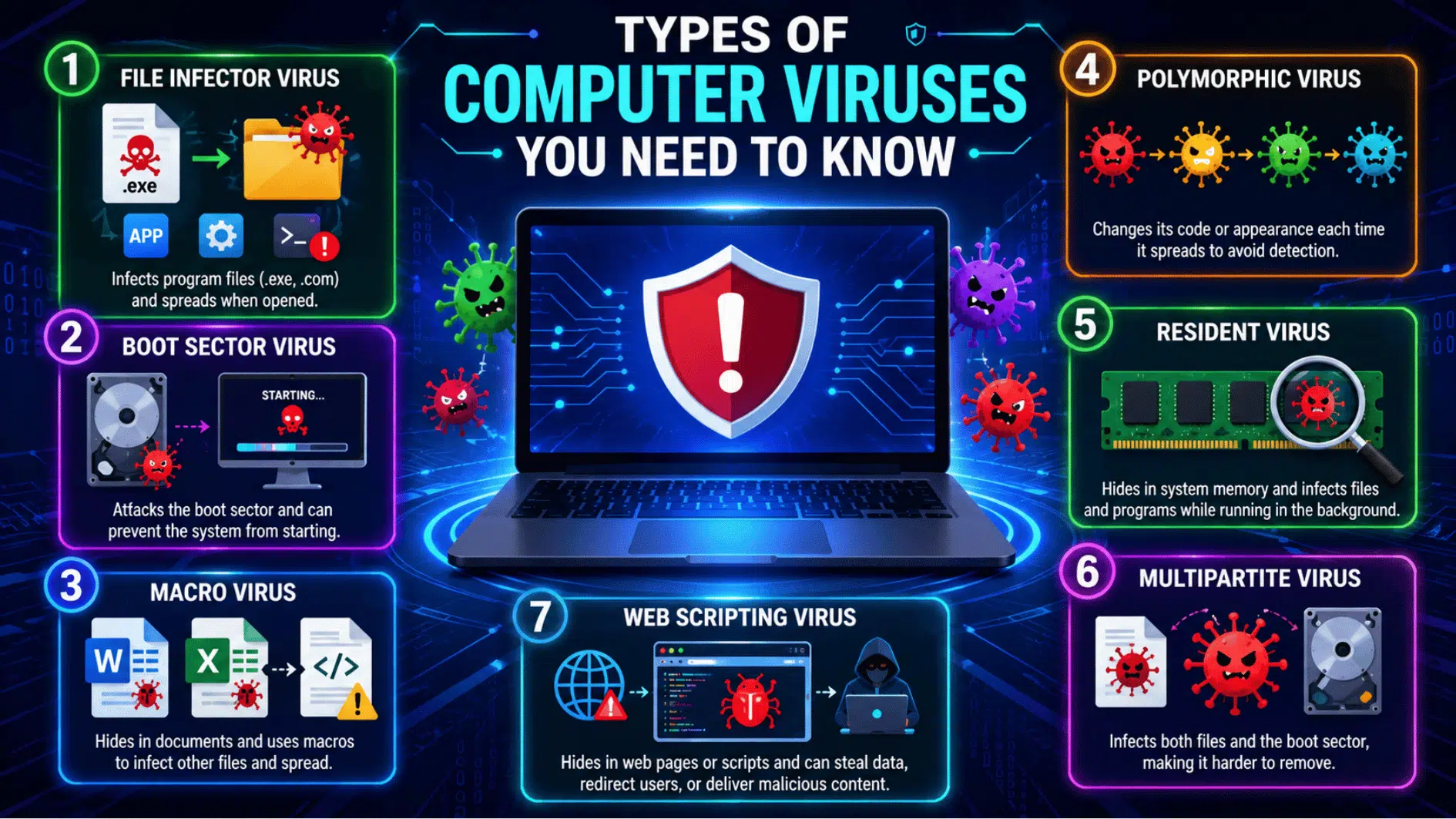 cybersecurity infographic showing seven types of computer viruses around a protected laptop with warning shield. (1)